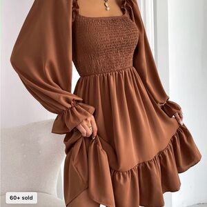 SHEIN Brown Smocked Bodice Ruffle-Hem Mini Dress